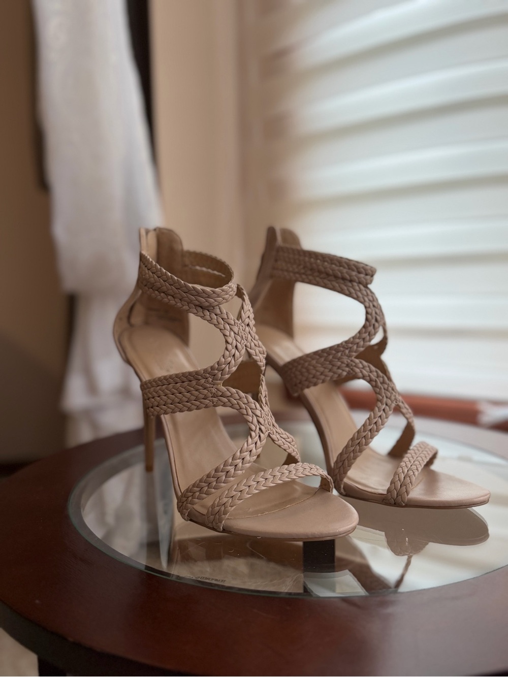 Charlotte Russe Braided Strappy High Heels in Taupe